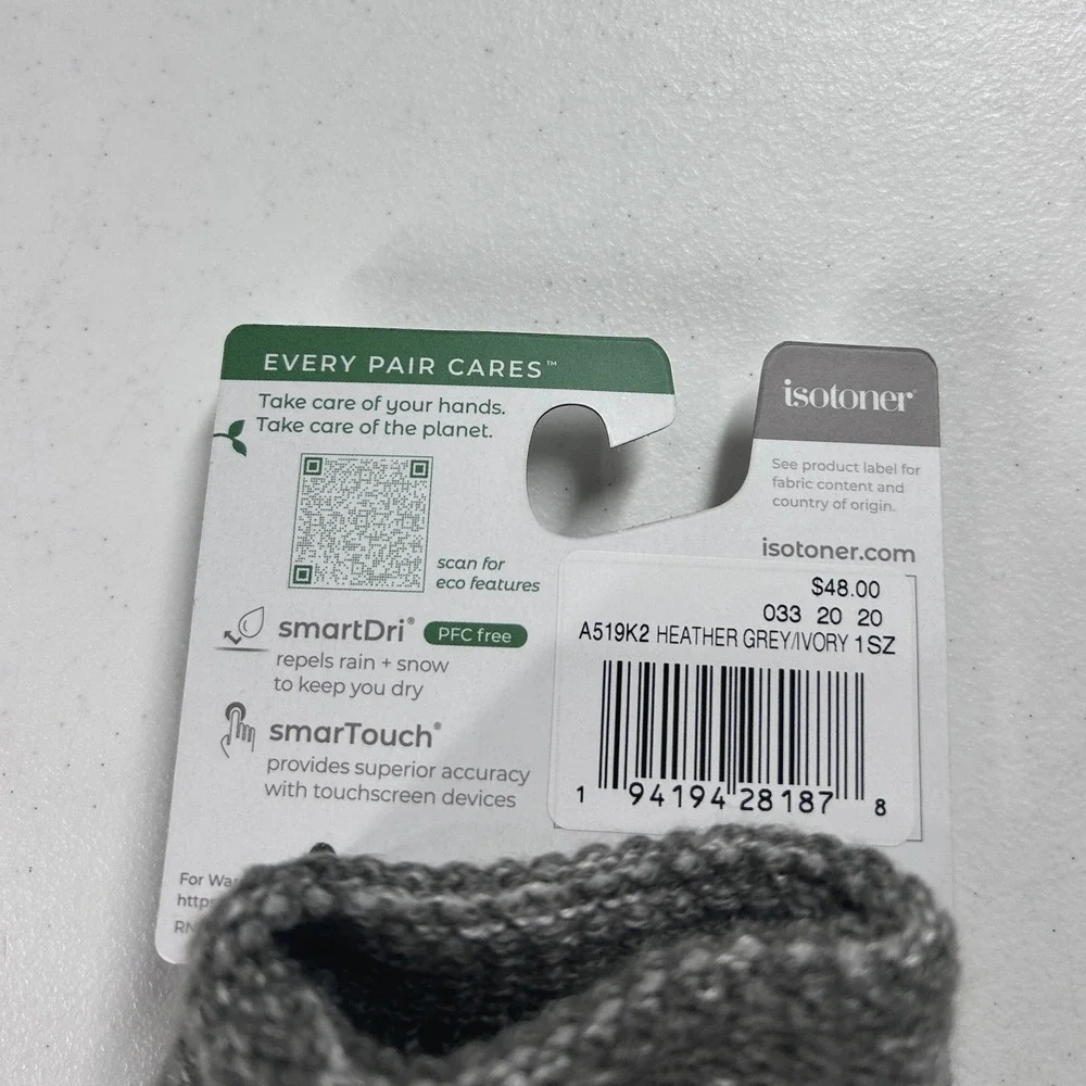 Isotoner Women's‎ 1SZ SmartDri EcoComfort Heather Grey Ivory Gloves NEW